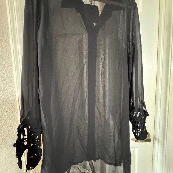 Sheer black long sleeve shirt rose gold buttons and embellished cuffs. Sz S - Picture 4 of 6